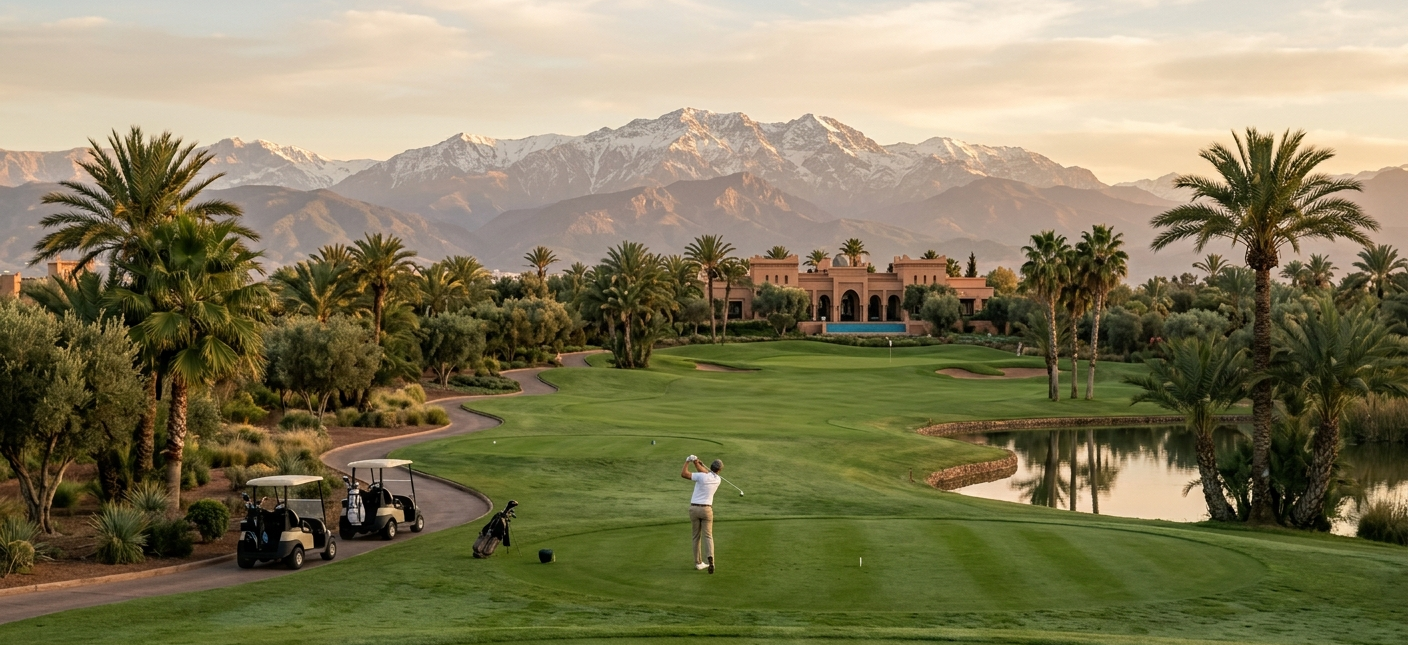 hidden golf course Morocco serene landscape Traditional Moroccan riad