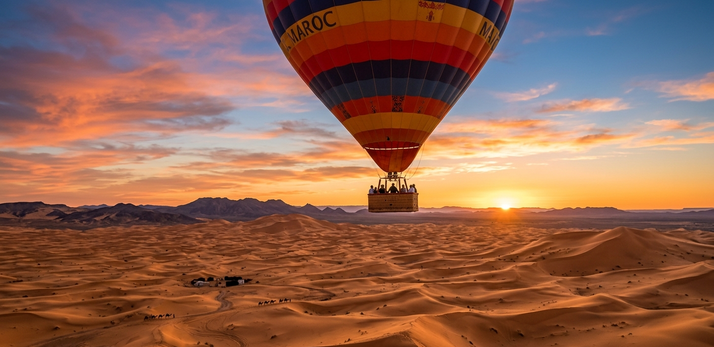 hot air balloon floating the moroccan desert