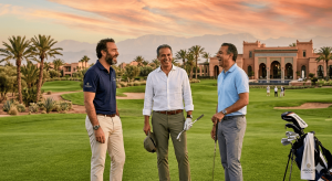 three men laughing and enjoying their experience in Marrakech golf courses