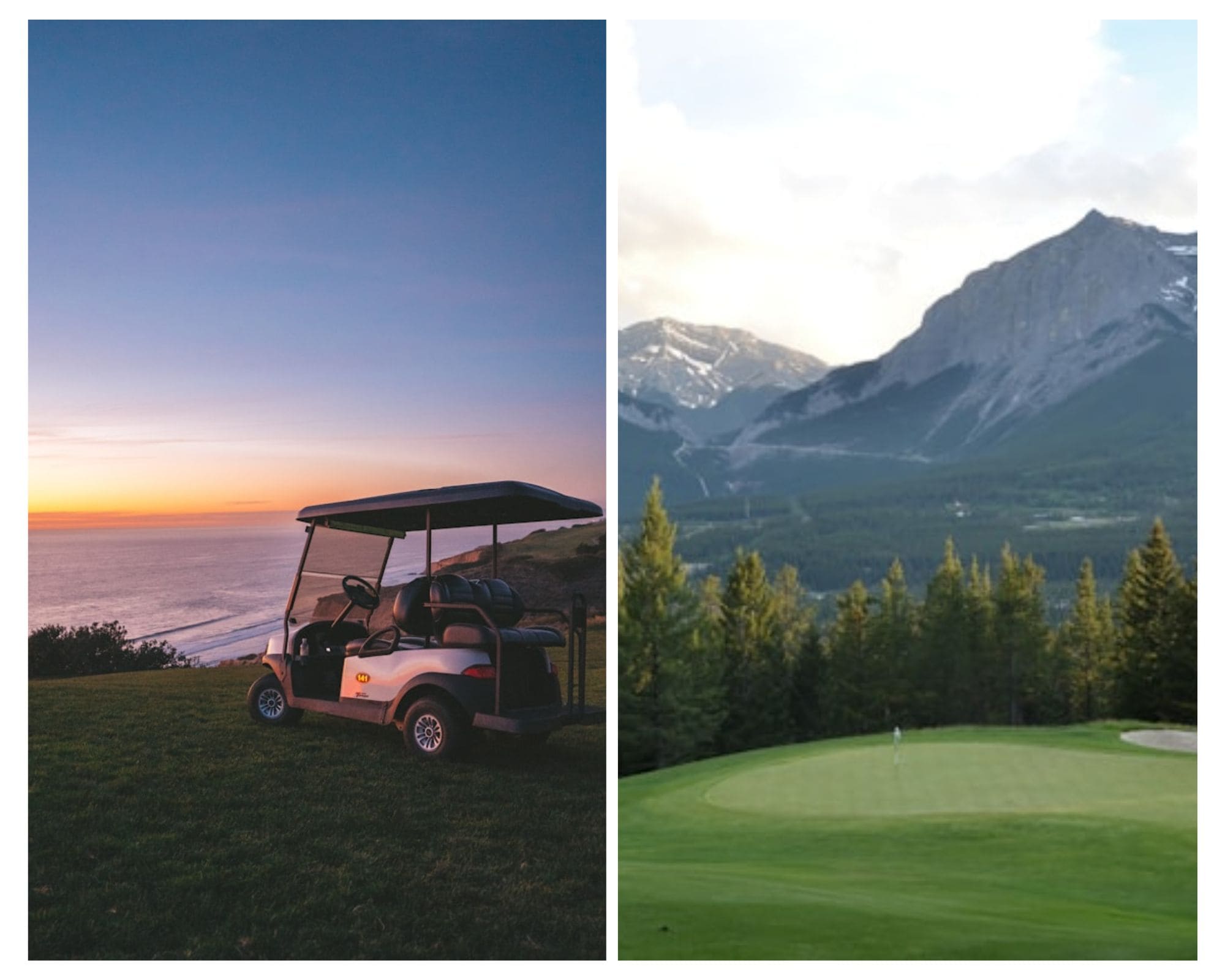 a collage showing a golf cart at sunset and golf courses in a large landscape