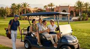 Group of friends enjoying a round of golf together on a scenic golf course in a relaxed and social atmosphere